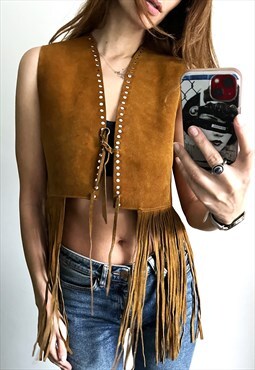Fringe Tan Brown Suede Western Burning Man Vest Top 