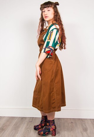 VINTAGE 70'S BROWN DENIM MIDI PINAFORE DRESS