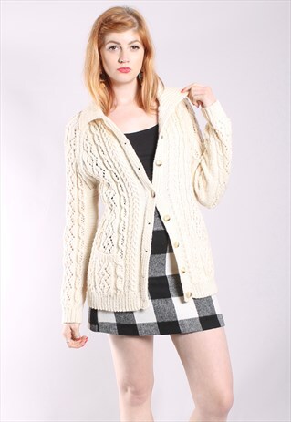 VINTAGE 80S CREAM CHUNKY CROCHET KNIT CARDIGAN