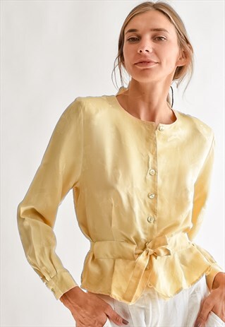 VINTAGE 70S SATIN LONG SLEEVE BLOUSE IN PASTEL YELLOW