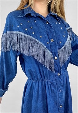 80's Vintage Blue Cotton Western Fringed Ladies Midi Dress