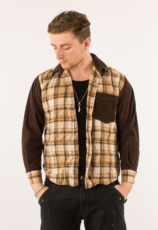 VINTAGE 90S BROWN PLAID CORDUROY SHIRT MEDIUM