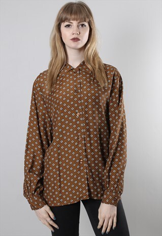 VINTAGE 80S BROWN PATTERNED SHIRT BLOUSE TOP