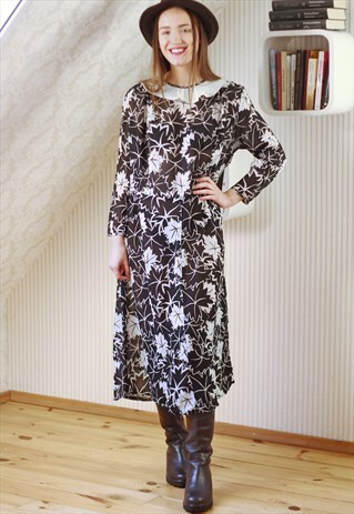 BLACK AND WHITE LEAVES BELTED WHITE COLLAR DRESS