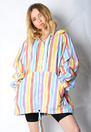 VINTAGE 80S COLOURFUL STRIPED FESTIVAL JACKET WITH HOOD