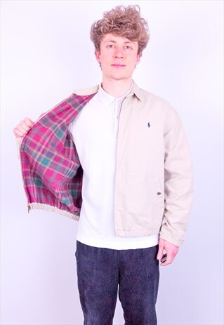 VINTAGE RALPH LAUREN CHECK LINED HARRINGTON JACKET IN BEIGE
