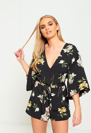 BLACK FLORAL 3/4 SLEEVE PLAYSUIT