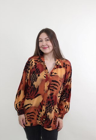 Vintage 90s Brown Oversized Tiger Print blouse long Sleeve