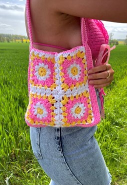 Pink Crochet Sunflower Tote Bag