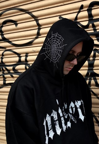 OLD ENGLISH PRINT W RHINESTONE SPIDER WEB HOODIE IN BLACK