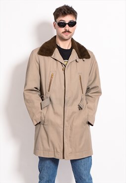 Vintage 90s faux fur collar trench coat in beige