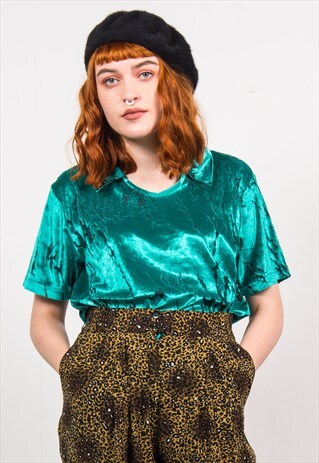 VINTAGE 90'S BLUE PATTERN VELVET COLLAR TOP T-SHIRT