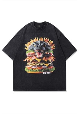 Burger print t-shirt monster tee fast food top vintage grey