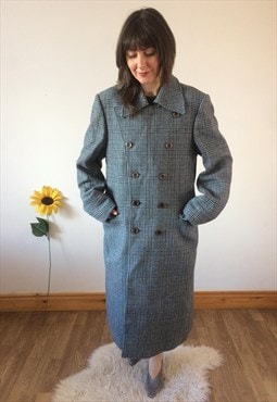 Vintage 1970s Blue/Grey Plaid Long Wool Coat