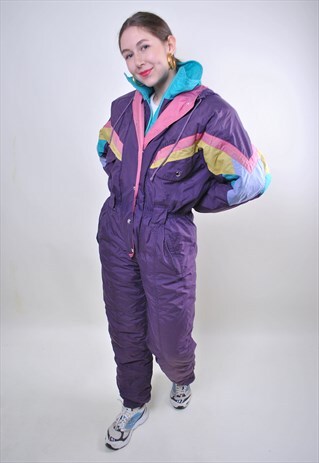 VINTAGE PURPLE SKI SUIT, ONE PIECE 80S MULTICOLOR SNOW SUIT