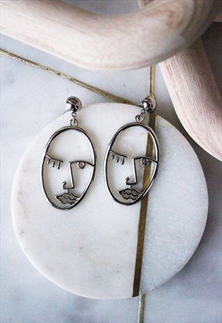 SILVER ABSTRACT FACE DROP EVERYDAY MINIMALIST EARRINGS