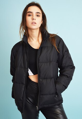 VINTAGE 90'S RETRO SPORTS BLACK PUFFER PADDED JACKET