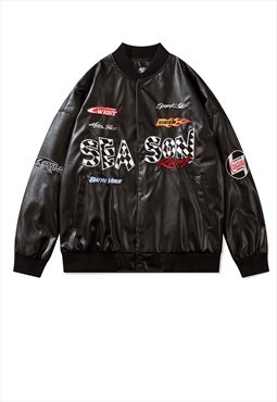 Faux leather varsity jacket Racing patch MA-1 bomber black