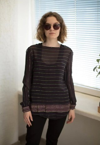 VINTAGE 70'S BLACK GLITTER STRIPED LONG SLEEVED BLOUSE