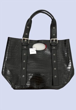 Black Patent Faux Croc Textured Eyelet Medium Shoulder Bag