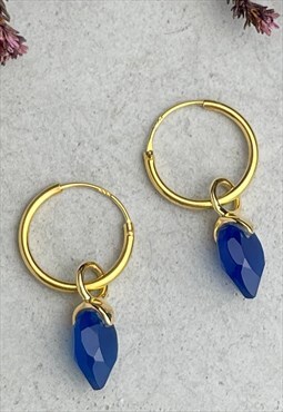 Gold Huggie Charm Hoops Blue Blirthstone Earrings, Gift Box