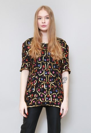VINTAGE 1980'S MULTI COLOURED SILK SEQUIN FESTIVAL TOP