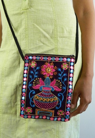 PURPLE FLOWER VASE EMBROIDERY CROSS BODY BAG
