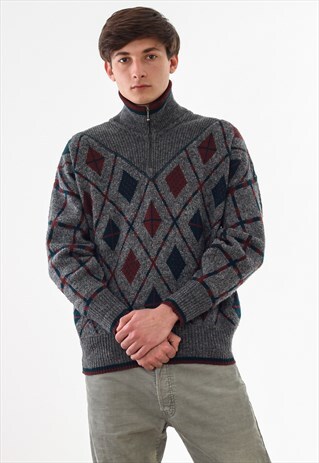 VINTAGE HUGO BOSS SWEATER PULLOVER 90S GREY PRINTED KNITTED