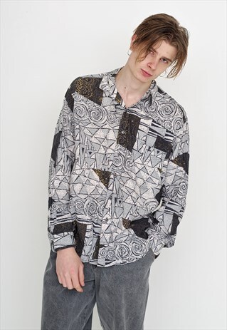 VINTAGE WHITE TRIANGLE PATTERNED LONG SLEEVE RETRO SHIRT