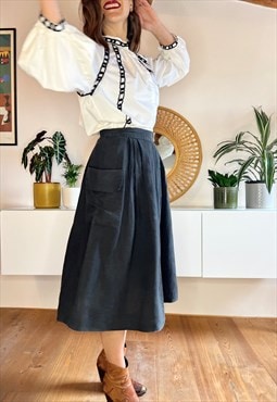 1990's vintage black linen midi skirt