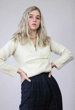 VINTAGE 90'S WOOL 1/4 ZIP TURTLENECK JUMPER IN CREAM
