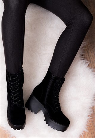 SHOTGUN CLEATED SOLE PLATFORM ANKLE BOOTS -BLACK SUEDE STYLE