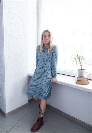 VINTAGE 60'S GREY/BLUE PATTERNED MIDI LONG SLEEVED DRESS
