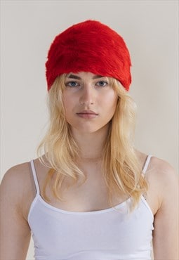 Vintage 60s Brimless Fuzzy Red Hat Women