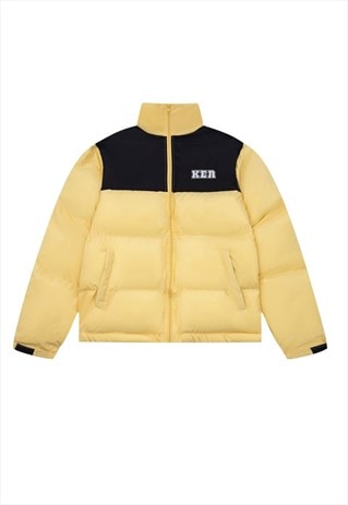 COLOR BLOCK BOMBER CONTRAST PATTERN PUFFER JACKET IN YELLOW