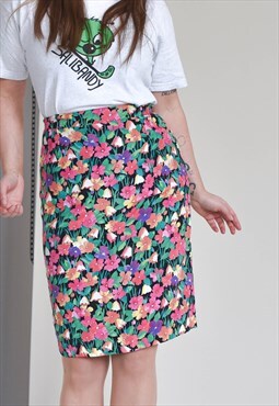 Vintage 80s  Midi Ditsy Floral Back Slit Pencil Skirt M