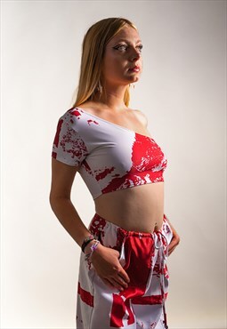 EUNOIA by Emily S/S22 Red Print One Shoulder Crop Top