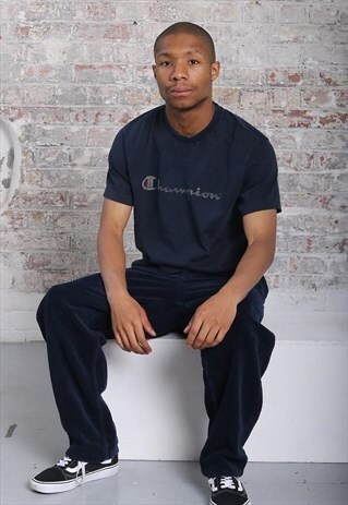 VINTAGE CHAMPION BIG LOGO SPELLOUT T-SHIRT NAVY BLUE