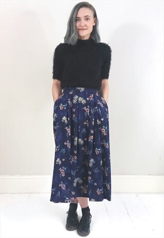 VINTAGE 90'S NAVY FLORAL MIDI SKIRT W/ POCKETS