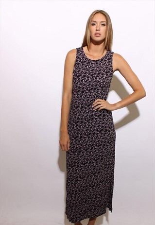 VINTAGE 1990'S 90'S BLACK PURPLE FLOWER PRINT DRESS S-M
