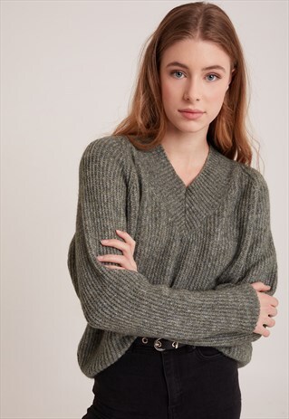 V-NECK JUMPER - MELANGE GREEN