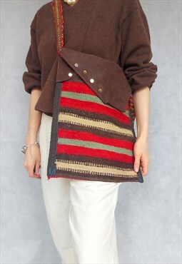 Woven Red Brown Ethnic Multicolored Wool and Leather Bag