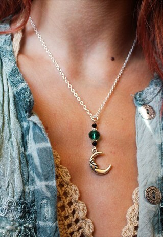 SILVER MOON & TEAL CRYSTAL NECKLACE