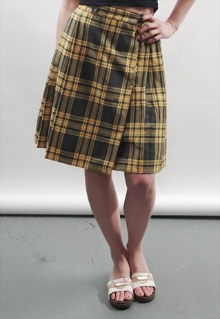 VINTAGE 90'S PLEATED YELLOW TARTAN MIDI SKIRT