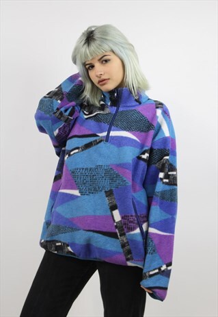 VINTAGE 90S PATTERNED FLEECE ZIP UP JUMPER