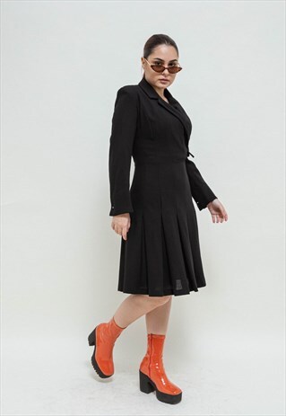 VINTAGE 70S PLEADED LONG SLEEVE V NECK MIDI COAT DRESS S