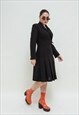 Vintage 70s Pleaded Long Sleeve V Neck Midi Coat Dress S