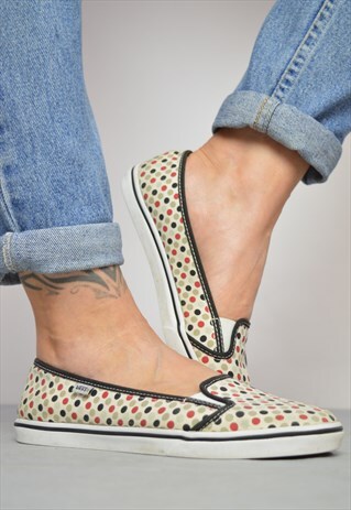 VINTAGE 90S VANS CREAM & COLOURFUL POLKA DOT SLIP ON SHOES