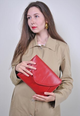 90S LEATHER RED CLUTCH, VINTAGE EVENING PARTY BAG