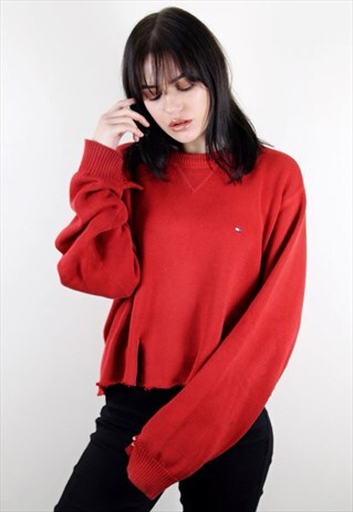 VINTAGE RED TOMMY HILFIGER DISTRESSED JUMPER